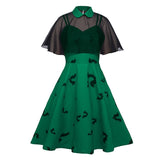 Chiffon Cape Bat Print Elegant Summer Midi High Waist Vintage Style Women Halloween Party Swing Dress