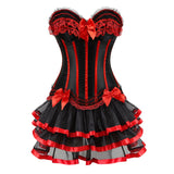 Women Sexy Striped Corset Dress Satin Bow Lace Waist Cincher Corset Bustier Lingerie Top With Mesh Mini Tutu Skirt Set Plus Size