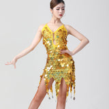 Shiny Women Latin Dance Dress Costumes Asymmetric Motel Sequin Fringe Coins Keyhole Lace-Up Back Bandage Mini Short Dress