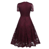 V Neck Elegant Burgundy A Line Lace Women Summer High Waist Vintage Midi Swing Dress