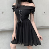 2021 Elegant Party Off Shoulder Mini Dress Women Black Mesh Chiffon Bandage Slim Clothing Gothic Streetwear Fashion Sexy Dress