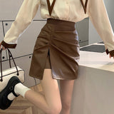 Ladies A-line Mini Skirts Spring Korean Style PU Leather All-match Furcal Women High Waist Short Skirt