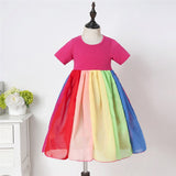 Rainbow Princess Sundress Short Sleeve Party Beach Costume Toddler Kids Dress For Baby Girls