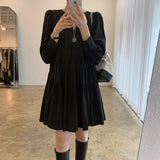 Spring Autumn Long Sleeve Dress Black White Elegant Gathered Tiered Mini V Neck Loose Casual Dress