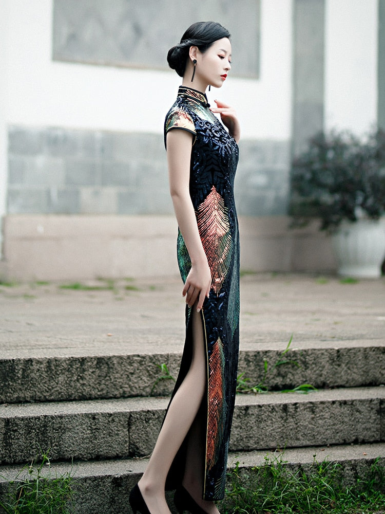 New Sequins Evening Dress Embroidered High-slit China Formal Occasion Women Short-Sleeve Long Cheongsam