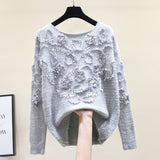 Autumn Long Sleeve O-Neck Beaded Floral Casual Loose Mohair Knit Sweater Pullover