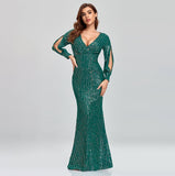 Plus Size Women Sexy V-neck Mermaid Evening Dress Long Gown Full Sequins long Sleeve Formal Vestidos