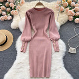 Crew Neck Puff Long Sleeve Ribbed Knitted Dress Office Elegant Button Mini Bodycon Dress