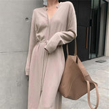 2021 Vintage Women Knitted Dress Autumn Winter Brief V-neck Warm Drawstring Lace-up Loose Midi Female Sweater Dress