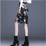 Women Office Black Flowers Print High Waist Bodycon Korean Style Knee Length Pencil Skirt