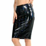 Black Holographic Shiny Laser High Wais Latex Leather Skirts Wet Look Metallic Pencil Skirts