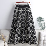 Women Pleated Elastic High Waist Winter Geometric Jacquard Knitted Midi Long Skirt