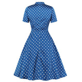 1950s Blue White Polka Dot Short Sleeve Bow Tie Neck Robe Pin Up Elegant Dresses