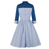 Two Tone 3/4 Length Sleeve V Neck Blue Plaid Vintage Autumn Button Front Pleated Sweetheart Elegant Dress