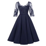 Contrast Lace Half Sleeve Vintage Women Elegant Banquet Party High Waist Backless Midi Sheer Ladies Dress