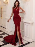 Sleeveless One Shoulder Red Party Prom Gown Trailing Formal Women Evening Christmas Dress