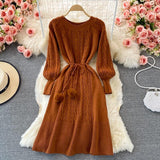 Crew Neck Long Sleeve Sweater Dress With Belt Twisted Knitted Elegant Midi Dress