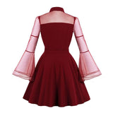 Fuchsia Elegant Party High Waist A Line Vintage Spring Turn-Down Collar Mesh Flare Sleeve Plus Size Dress