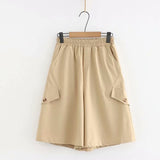 2021 Button Front School Women Wide Leg Shorts Skirts Korean Style Casual Loose Solid Elastic Waist Streetwear Flare Short Pants