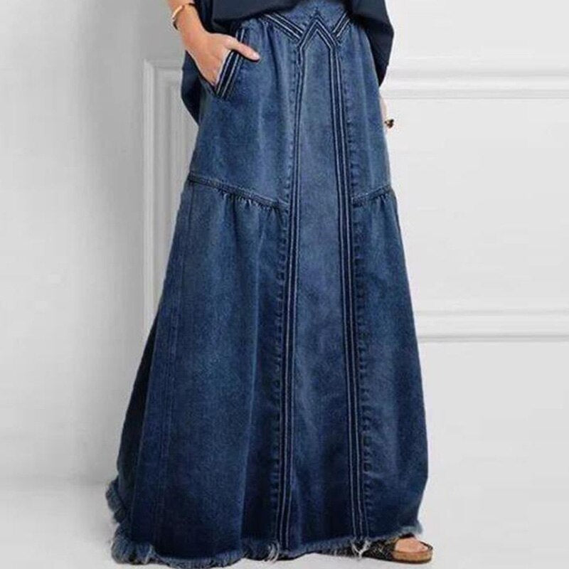 Denim High Waist A-Line Floor-Length Long Women Vintage Maxi Jeans Skirt