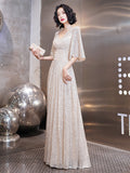 Long Pagoda Sleeve Sequin Formal Dress A-line V-neck High-Waist Elegant Champagne Party Prom Dress