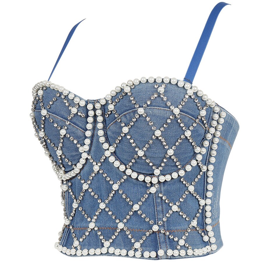 Denim Beading Rhinestone Top With Built In Bra Push Up Bralette Crop Top Women Backless Camisole Tops With Cups