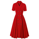 Red Short Sleeve High Waist Button Up Robe Pin Up Swing Formal Party Ladies Dresses