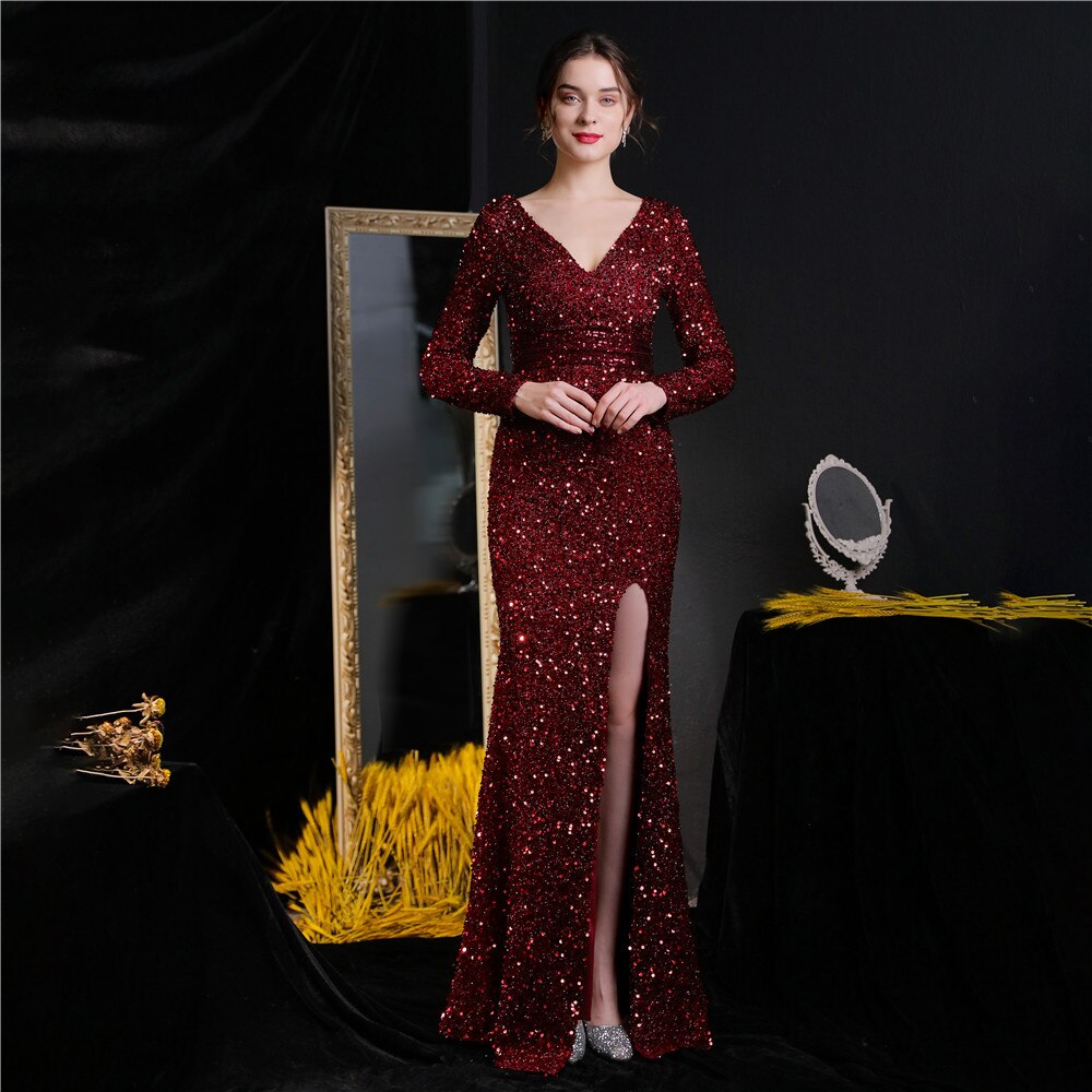 Women Elegant V-Neck Long Sleeve Evening Dress Sexy Hight Slit Mermaid Burgundy Sequin Luxury Party Maxi Dress