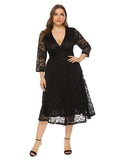 V Neck Lace Dress Black Burgundy A Line Party Dress Plus Size Women Formal Evening Tea Length Dress Three Quarter Sleeve Robes