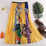 Summer Korean Casual Pleated Midi Long Women Printed A Line High Waist Mid-length Skirt