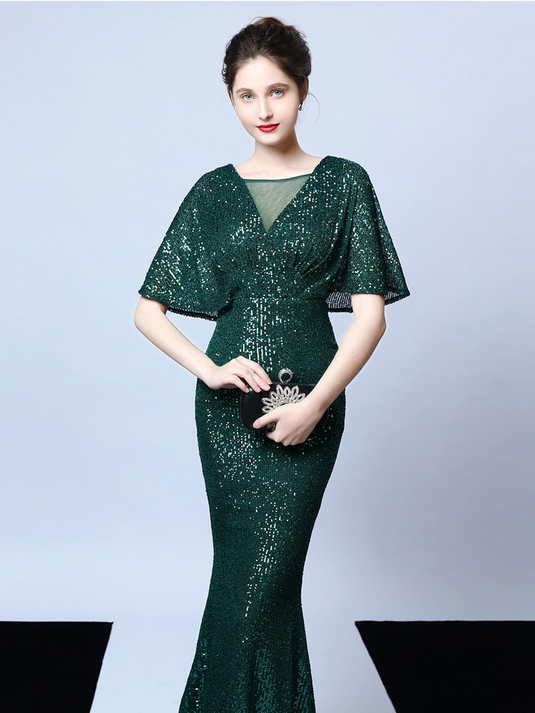 Formal Sequin Evening Dress Short Sleeve Green Dress Elegant Women Party Dress