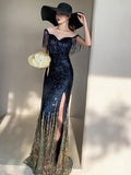 Formal Cocktail Tassels Cape Rose Gold Party Gowns Sexy Side Split Floor Length Shinning Sequind Occasion Dress