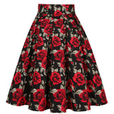 2021 High Waist Floral Rockabilly Pleated Skirts Womens Summer Red Rose Flower Women Vintage Skirt Midi Plus Size 3XL Clothing