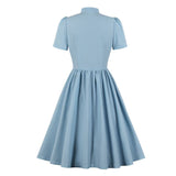 2021 Tie Neck Button Up 50S Pinup Women Vintage Pleated Swing Dress Summer Blue Elegant Retro Clothes Ladies Solid Tunic Dresses