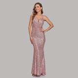 Sexy Sequins Evening Dresses V Neck Sleeveless Mermaid Women Occation Formal Party Gowns Spaghetti Strap Vestidos