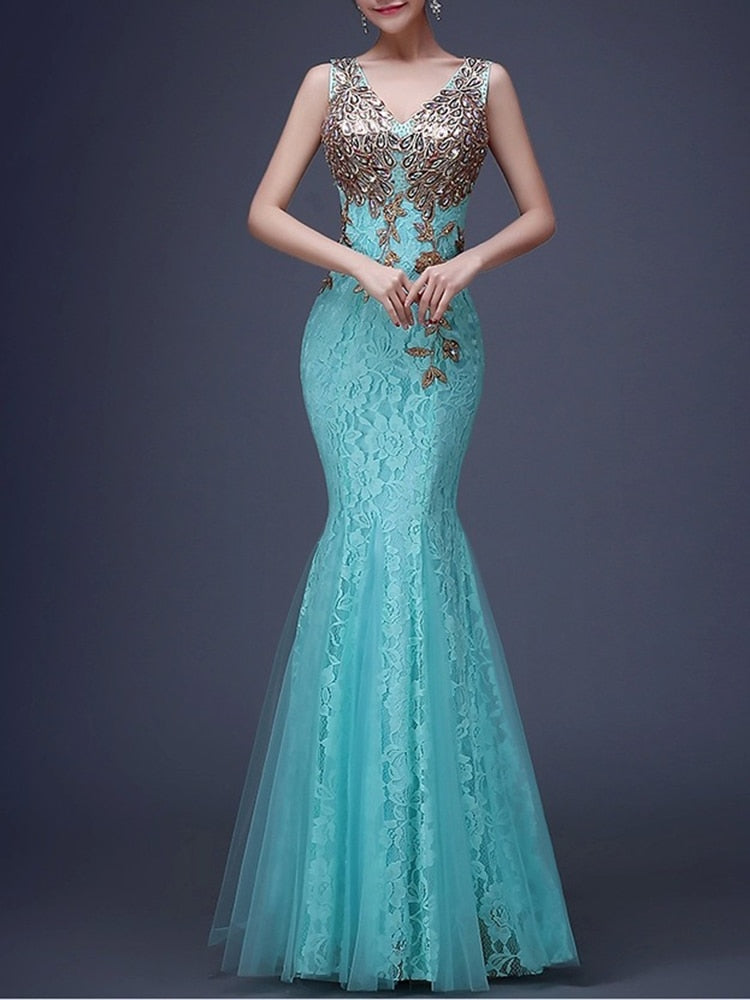 Lace Evening Mermaid Sleeveless Tulle Formal Dress Double V-neck Floor-length Party Prom Gown
