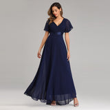 Elegant V-Neck Ruffles Chiffon Formal Evening Gown Robe Vestidos De fiesta Dress for Wedding Party