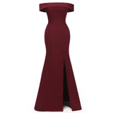 Sexy Burgundy Evening Party Off Shoulder Slim Slit Maxi Runway Sheath Long Bodycon Formal Dresses