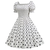 2021 Polka Dot Party Dress Elegant Women Summer Puff Short Sleeve Square Collar Elastic Waist Vintage Midi Sundress Casual Beach