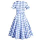 Cotton Retro Vintage Women Swing Dress With Belt Blue Plaid Print V Neck Short Sleeve Pin Up Rockabilly Swing Sundress For Party