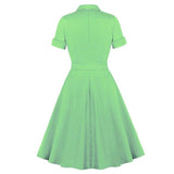 Vintage Style Bow Tie Neck Button Up Elegant Midi Pleated Summer Belted Pinup 50S Solid Dress