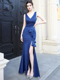 Candy Color Women Sexy Party Maxi Dress Royal Blue Soft Satin V Neck Slit Evening Dress