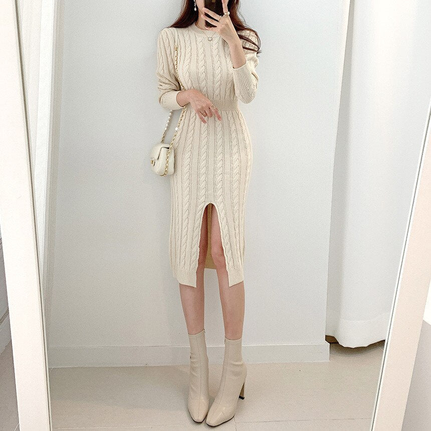 Autumn Winter Crew Neck Cable Knitted Sweater Dress Women Elegant Long Sleeve Front Slit Sexy Bodycon Midi Dress
