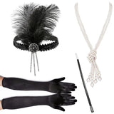 4 Pcs/Set 1920s Great Gatsby Party Costume Accessories Set Flapper Feather Headband Pearl Necklace Gloves Cigarette Holder