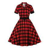 2021 Gingham Vintage Dress Elegant Women Turn Down Collar Button Up Rockabilly 50s Style Red Plaid Cotton Dresses with Belt