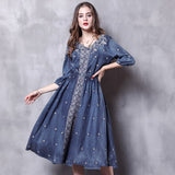 Denim Vintage Embroidery Midi Women Casual Slim High Waist A-Line Dress Outwear