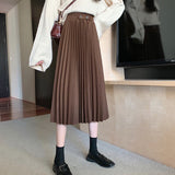 Ladies Elegant A-line Pleated Skirts Korean Style Vintage Woolen Women High Waist Long Skirt