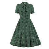 Bow Tie Neck Button Front Polka Dot Pinup 50s Vintage Shirt A-Line Summer Female Elegant Green Dress