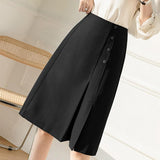 Ladies Elegant Knee-length A-line Skirts Summer Office Style Solid Color High Waist Women Casual Skirt