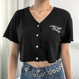 2021 Embroidery Letter Black Woman Tshirts Top Summer V-neck Short Sleeve Crop Top T Shirt Harajuku Casual Loose Tee Shirt